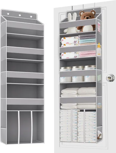 Vista 8 de TAHAVICE Organizador de 5 niveles sobre la puerta con 10 bolsillos de malla Gran capacidad para colgar en el armario para pañales de bebé, Beige