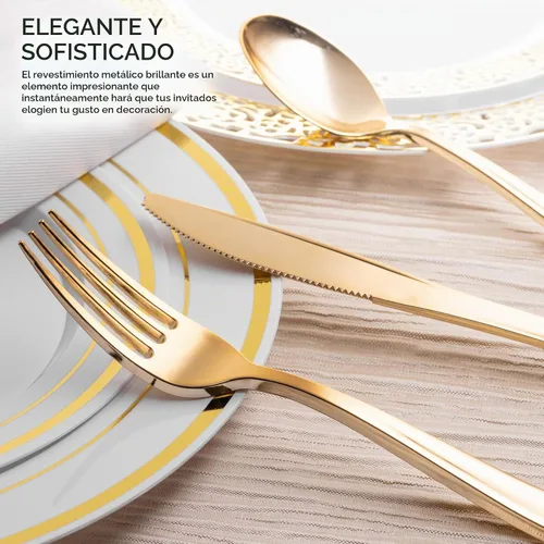 Vista 6 de Juego de cubiertos de plástico preenrollados para fiestas (paquete de 25), juego de cubiertos dorados, cucharas desechables, tenedores, cuchillos