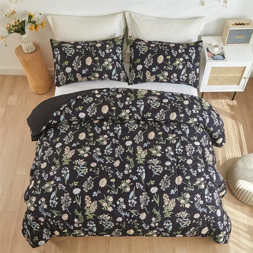 Vista 4 de Juego de edredón floral tamaño Twin, edredón negro estampado de hojas de flores botánicas amarillas y verdes para niños, adolescentes y mujeres