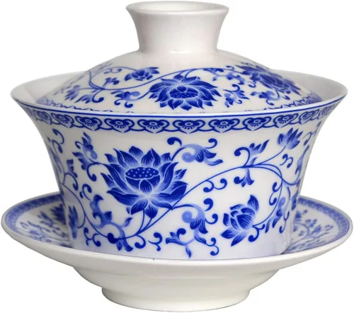 Vista 8 de Liang baobao Juego de Té Tradicional Gaiwan con Tapa y Platillo Taza de Té Gongfu de Porcelana Diseño Azul de Loto Tazas de 200ml