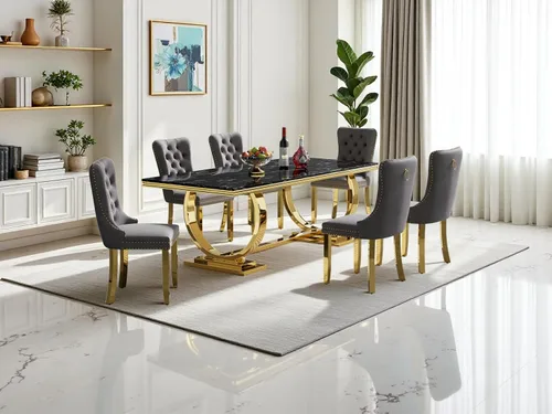 Vista 20 de Juego de mesa de comedor de mármol de 68.11 pulgadas para 4, moderna mesa de comedor de mármol sintético con 4 sillas de comedor de terciopelo
