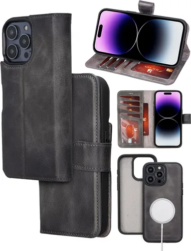 Vista 9 de Bayelon Funda para iPhone 14, funda de cuero de grano completo, [2 en 1], funda magnética desmontable con ranuras para tarjetas, soporte y función