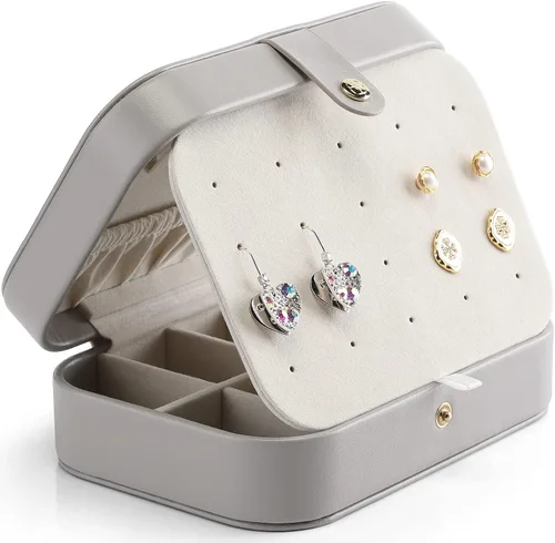 Vista 6 de Vlando Joyero pequeño, organizador de joyas de viaje para aretes, collar, anillo, organizador de joyas de viaje portátil de doble capa para mujeres