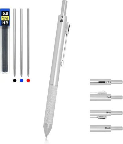 Vista 9 de YOUMI Bolígrafo multicolor 4 en 1 multifunción con carcasa de metal, lápiz mecánico de 0.020 in, bolígrafo rojo, bolígrafo azul y bolígrafo negro