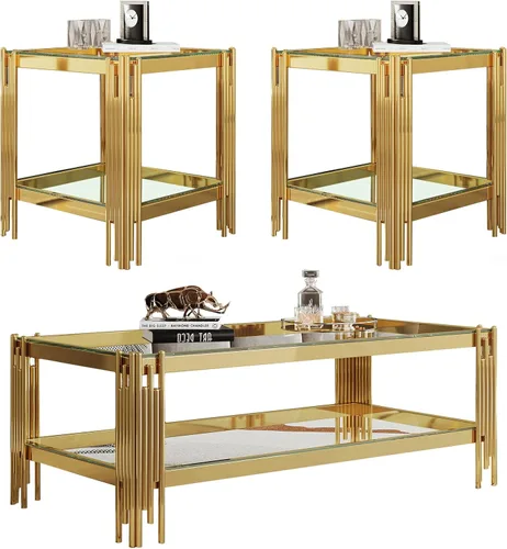 Vista 16 de SSLine Mesa de centro de cristal negro con marco de acero inoxidable dorado, mesa de centro rectangular de lujo de 2 niveles para sala de estar Café