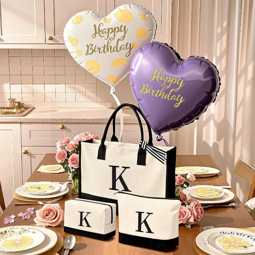 Vista 8 de mibasies 1 bolsa de lona con inicial bordada con 2 bolsas de maquillaje, regalos de cumpleaños para mujer