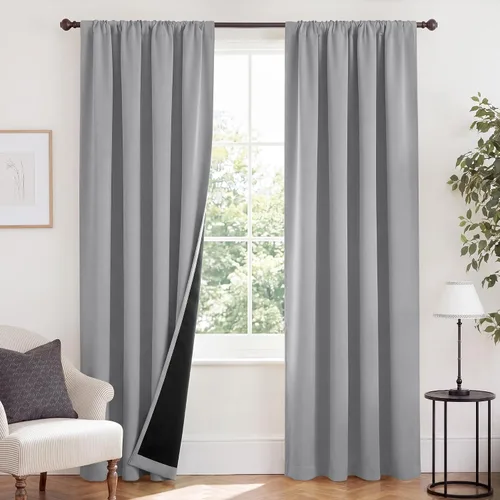 Vista 13 de NICETOWN Biscotti Beige 100% Cortinas opacas de 45" de largo para cocina, bolsillo con varilla para sótano completamente opaco, cortinas térmicas