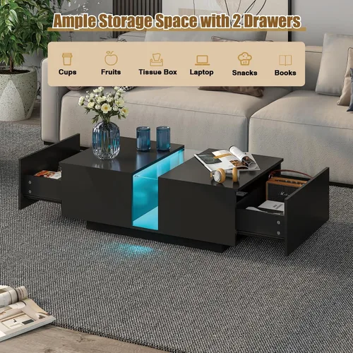 Vista 3 de HedoAjim - Mesa de café LED negra para sala de estar, mesa rectangular de sala de estar con almacenamiento, mesas de café acrílicas con 2 cajones