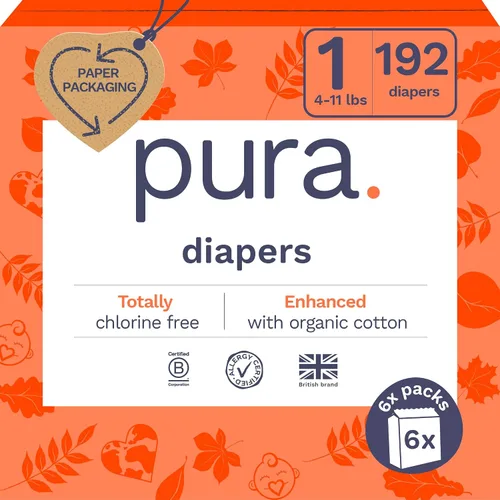 Vista 9 de Pura Pañales para bebé recién nacido con piel sensible, paquete de prueba, talla 1 (4–11 lbs), totalmente libre de cloro, indicador de humedad