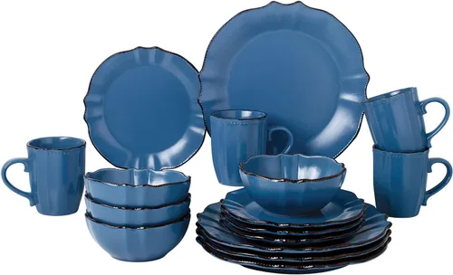 Vista 2 de Elegante y elegante juego de vajilla de 16 piezas con borde festoneado, servicio para organizar fiestas y eventos, juego de 4, borde festoneado Negro