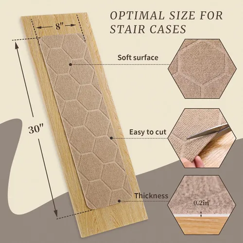 Vista 2 de MATAHUM Peldaños antideslizantes para escaleras, paquete de 15 alfombras de 8 x 30 pulgadas, color beige para escalones de madera en interiores