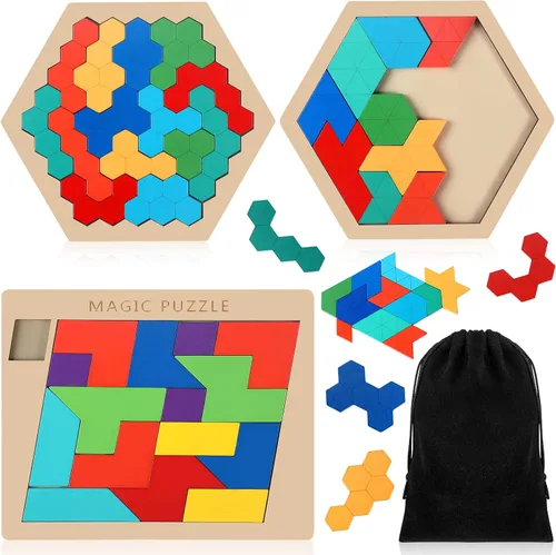 Vista 9 de Yunsailing Paquete de 3 rompecabezas grandes de madera hexagonal Tangram rompecabezas de madera rusa para adultos desafío teasers geométrico, lógica