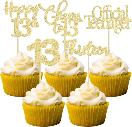 Vista 58 de Paquete de 30 adornos para cupcakes con purpurina de doble dígito para cumpleaños de 10 años, para cumpleaños, aniversario, fiesta, suministros