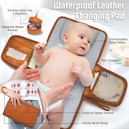 Vista 6 de ROSEGIN Mochila para pañales de piel vegana prémium con cambiador impermeable - Costuras y cremalleras reforzadas, bolsa de bebé para niño y niña