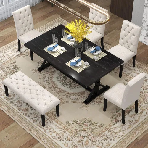 Vista 17 de Merax Juego de mesa de comedor extensible de 7 piezas para 6, mesa de cocina rectangular con 6 sillas tapizadas y respaldo curvado para comedor