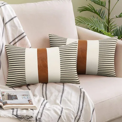 Vista 9 de Fundas de almohada de estilo granja JASEN de 20x20 pulgadas, juego de 2 fundas de almohada de piel sintética modernas decorativas para sofá