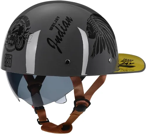 Vista 10 de Casco abierto de estilo vintage retro para motocicleta, gorra de béisbol, medios cascos con lente desplegable para hombres y mujeres, ciclomotor
