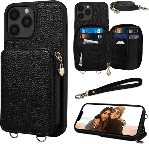 Vista 10 de Funda para iPhone 11 de 6.1 pulgadas, cartera cruzada con cremallera y ranuras para tarjetas de bloqueo RFID, soporte de soporte, cordón desmontable