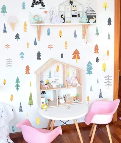 Vista 2 de IARTTOP Calcomanía de pared de árboles de bosque coloridos, calcomanía de pared de árboles de bosque para decoración de ventanas, calcomanías