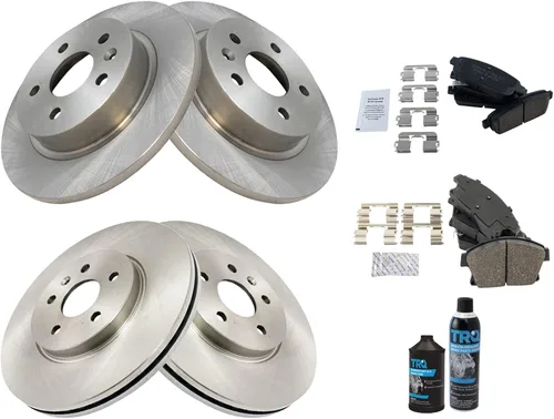 Vista 2 de TRQ Kit de pastillas de freno delanteras y traseras y rotores Kit químico de freno, pastillas de freno Rotor de freno de cerámica sólido compatible
