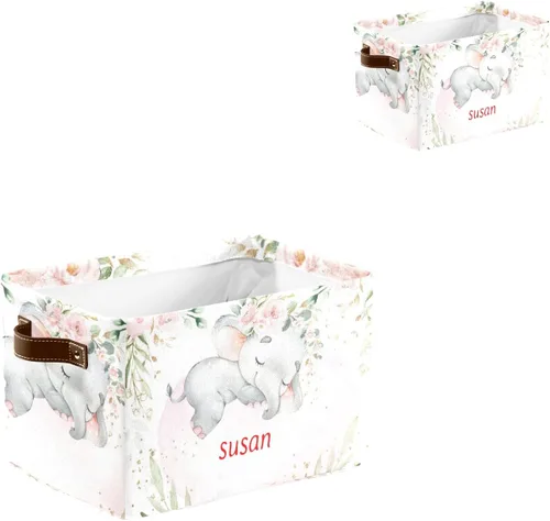 Vista 6 de Cesta de almacenamiento personalizada con diseño de elefante y flores rosas con nombre, caja de almacenamiento grande con asas para el hogar