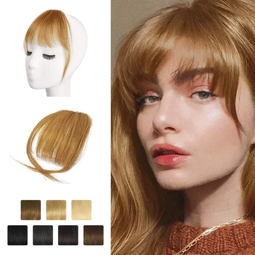 Vista 23 de BARSDAR Flequillo postizo de pelo humano real - Flequillo postizo 100% pelo humano para mujeres - Extensiones de flequillo ondulado castaño rojizo
