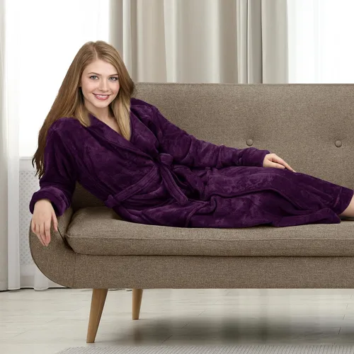 Vista 6 de NY Threads - Bata de baño de vellón para mujer con cuello tipo chal, bata larga y suave
