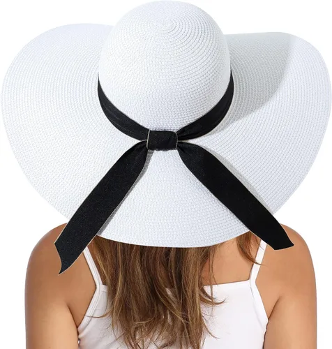 Vista 6 de Lanzom - Sombrero de paja con ala ancha para mujer, plegable, enrollable, de playa, con protección solar UPF 50+ Beige
