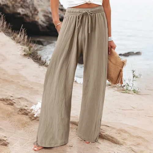 Vista 3 de Pantalones de lino para mujer, de verano, de cintura alta, pierna ancha, casuales, cintura elástica, pantalones palazzo, pantalones de playa