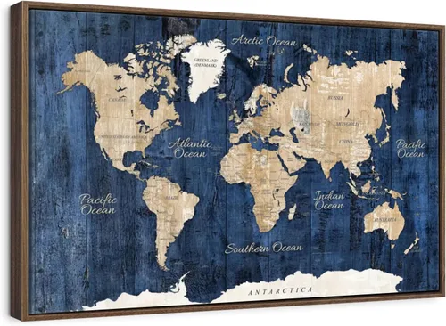 Vista 10 de ElephantStock - Wood Textured World Map Wall Art - Horizontal Floating Framed Canvas - Dining Room Wall Decor - Digital Art Map Framed Canvas Art