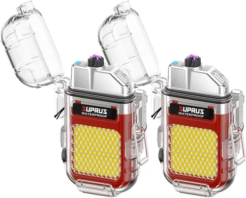 Vista 12 de SUPRUS Mechero impermeable de 3 modos de linterna, encendedor resistente al viento, eléctrico de arco doble recargable, encendedor de plasma de arco