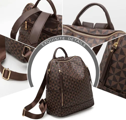 Vista 4 de Mochila Monedero para Mujer de Cuero Anti-robo Grande de Diseñador de Moda Mochila de Viaje Bolsa Mochila para Hombre Bolsas de Hombro, A-Marrón