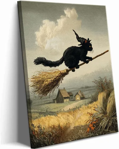 Vista 9 de Lienzo de paisaje victoriano OVNI para pared, diseño divertido de alienígena montando un gato, cuadros eclécticos de gato, póster impreso