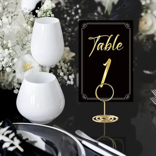 Vista 4 de 31 juegos de tarjetas de números de mesa con soportes, 1-30 elegantes tarjetas de asiento de mesa de color negro dorado, soporte de lugar de 2