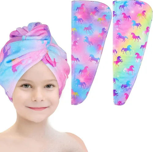 Vista 17 de Basumee Toalla Envolvente de Microfibra para el Cabello para Niños Paquete de 2 Toallas de Cabello de Secado Rápido con Botón Turbantes para Cabello