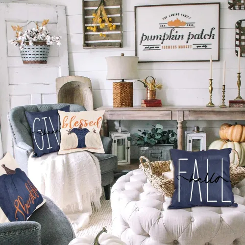 Vista 7 de Vellibring Fundas de almohada de otoño de 18 x 18 pulgadas, fundas de almohada de calabazas azules para casa de campo, fundas de cojín de otoño