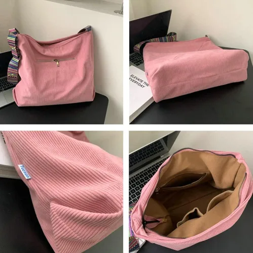 Vista 5 de Bolso de mano de pana para mujer, bolso de hombro grande, bolso elegante casual, bolso de pana, bolso de viaje para el trabajo
