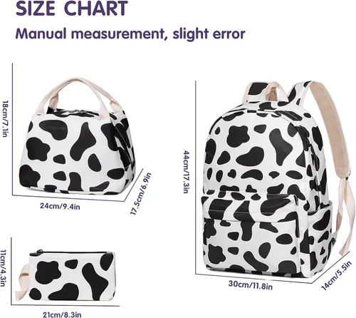 Vista 7 de Juego de mochila escolar con estampado de vaca para adolescentes, niñas, niños, bolsas con lonchera y estuche para lápices
