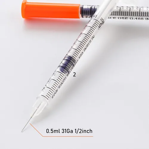Vista 4 de Jeringas U-100 31G 0.5cc 1/2 pulgada (13mm), envueltas individualmente, paquete de 20