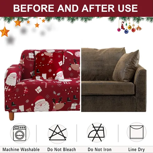 Vista 5 de Mybedsoul Funda de sofá de Navidad con estampado de Papá Noel, lavable, protector de muebles con parte inferior elástica, decoración navideña