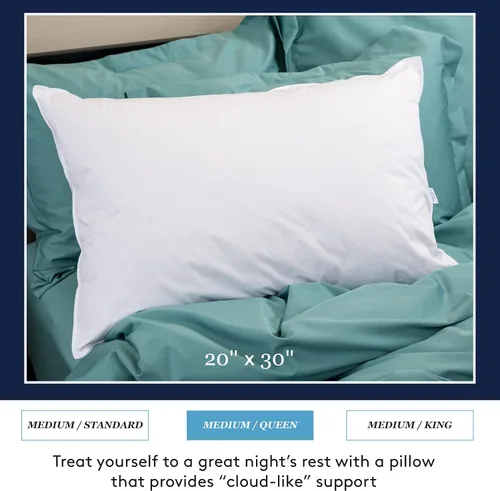 Vista 2 de Elite Medium 600 Fill Power Down Pillow, soporte ideal para personas que duermen de espalda, tamaño Queen, color blanco