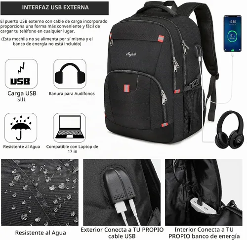 Vista 3 de Mochila para portátil de 17.3 pulgadas, mochila grande para computadora con puerto de carga USB, mochila resistente al agua y resistente para Negro