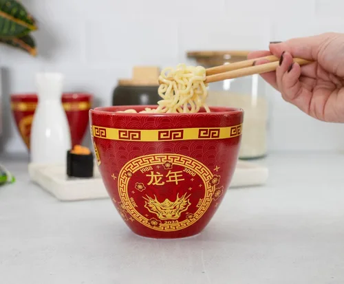 Vista 6 de Boom Trendz Year Of The Dragon - Juego de cerámica del zodiaco chino Incluye cuenco de fideos ramen de 16 onzas y palillos de madera, plato
