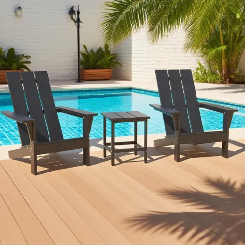 Vista 5 de 3 sillas Adirondack resistentes a todo tipo de clima, silla Adirondack de plástico HDPE con mesa de textura de madera, silla de césped para piscina