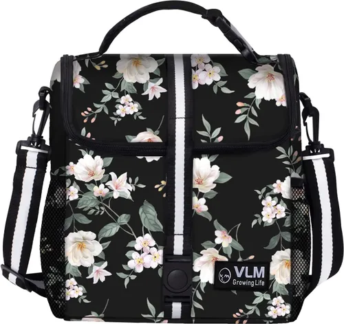 Vista 4 de VLM - Bolsas de almuerzo para mujer, lonchera floral aislada a prueba de fugas con correa de hombro ajustable, bolsa de picnic reutilizable