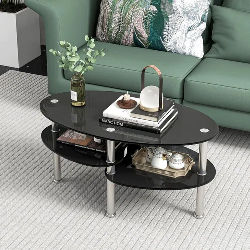 Vista 8 de Giantex Mesa de centro ovalada de vidrio templado transparente de 3 niveles con patas cromadas resistentes, mesa auxiliar de sofá pequeña, mesa