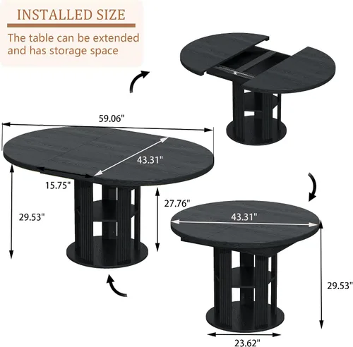 Vista 2 de Mesa de comedor extensible para 4-6, mesa de comedor ovalada de 43.3 a 59 pulgadas con estante de almacenamiento de 2 niveles, mesa de cocina
