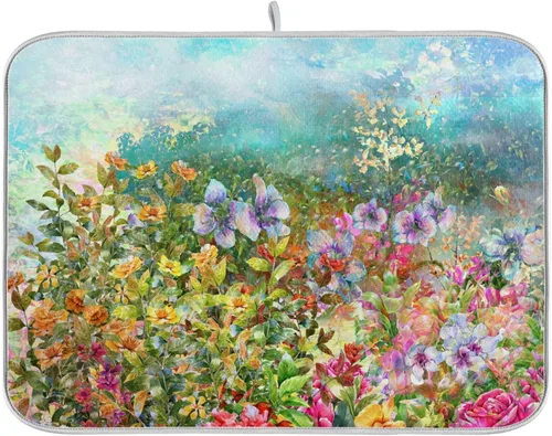 Vista 15 de Tapete de secado de platos de flores de fondo negro para encimera de cocina de 18 x 24 pulgadas, tapete de microfibra absorbente, tapete de secado