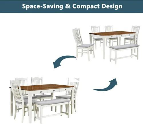 Vista 114 de Juego de mesa de comedor vintage de 6 piezas, juego de mesa de comedor de cocina de madera maciza con 4 sillas ergonómicas acolchadas y banco, mesa