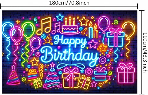 Vista 4 de HOMETITUTE Cartel de neón para fiesta de cumpleaños que brilla en la oscuridad, telón de fondo de fotografía de fiesta de cumpleaños neón para niños